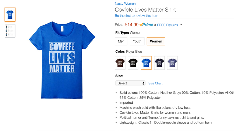 Illustration for article titled Be the Saddest Guy in the Office With Amazon's Embarrassing 'Covfefe' Swag